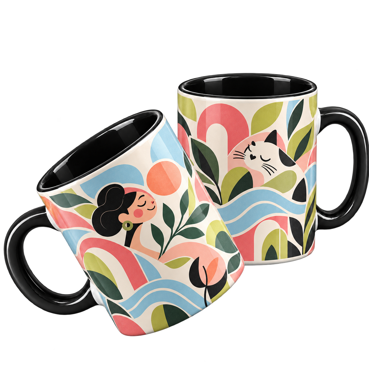Tazas bicolores negras con ilustración botánica colorida y un gatito blanco